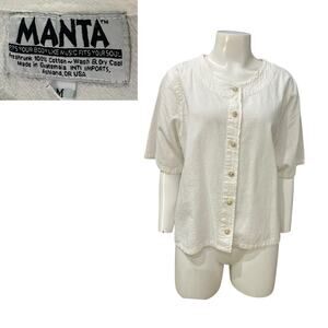 Vintage 90s Manta White Cotton Button Up Top Minimalist Short Sleeve / M -